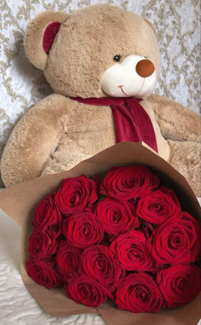 Teddy Bear with Red Roses Bouquet